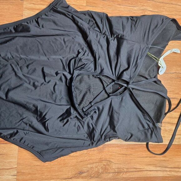 Mynah Womens XL Black One Shoulder Swimsuit Ruched Waist Adjustable Straps - Picture 7 of 9